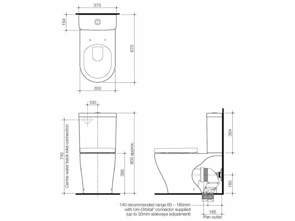 Dimensioned technical drawing of the Caroma Luna wall faced toilet suite