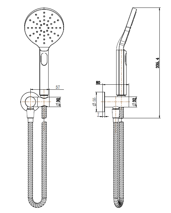 Dimensioned technical drawing of the Cora hand shower