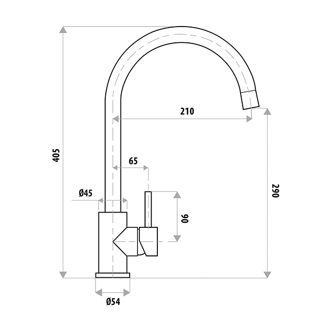 Dimensioned technical drawing of the Elle Project gooseneck sink mixer