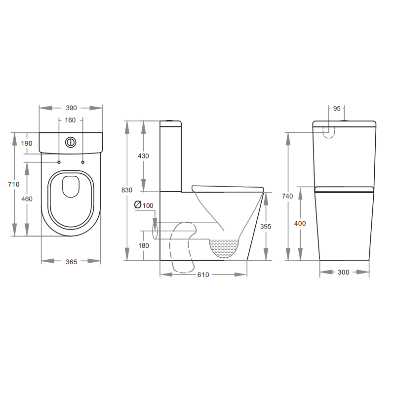 Dimensioned technical drawing of the KDK-002 wall faced toilet suite