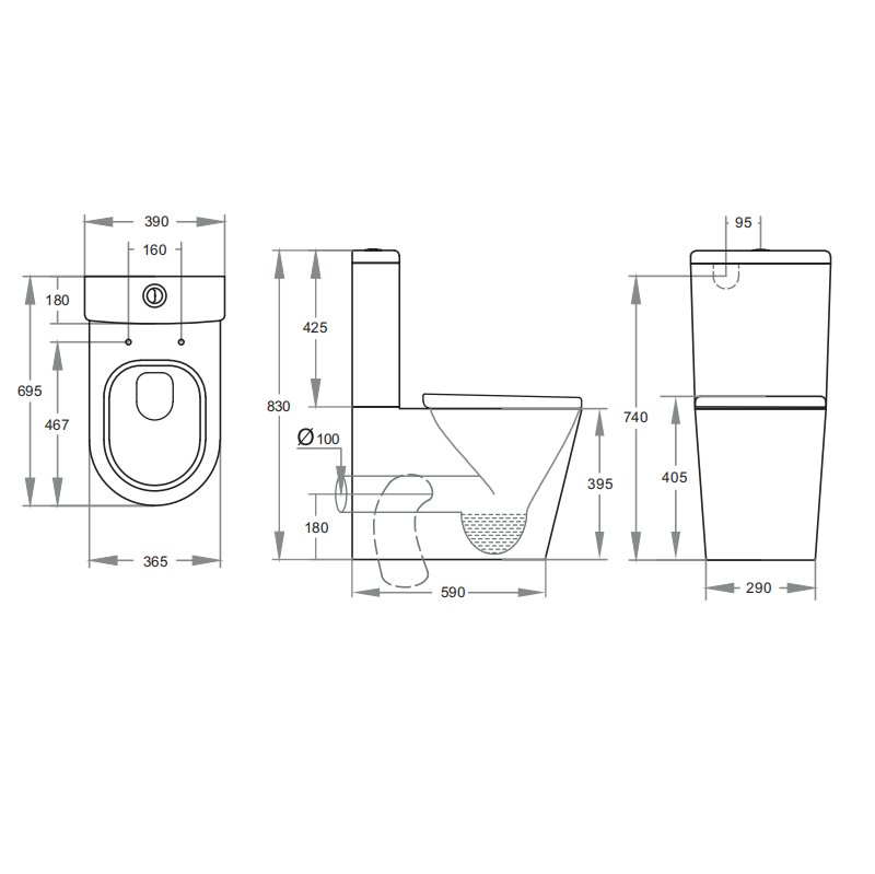 Dimensioned technical drawing of the KDK-008 wall faced toilet suite