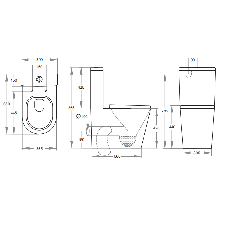 Dimensioned technical drawing of the KDK-022 rimless toilet suite