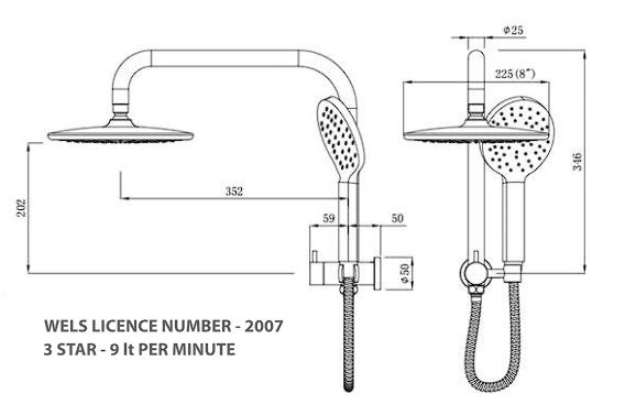 Dimensioned technical drawing of the PTSS round twin shower