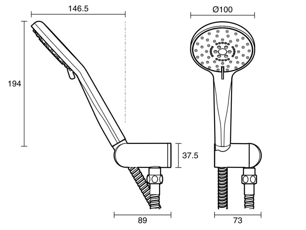 Dimensioned technical drawing of the Posh Bristol MK2 handshower