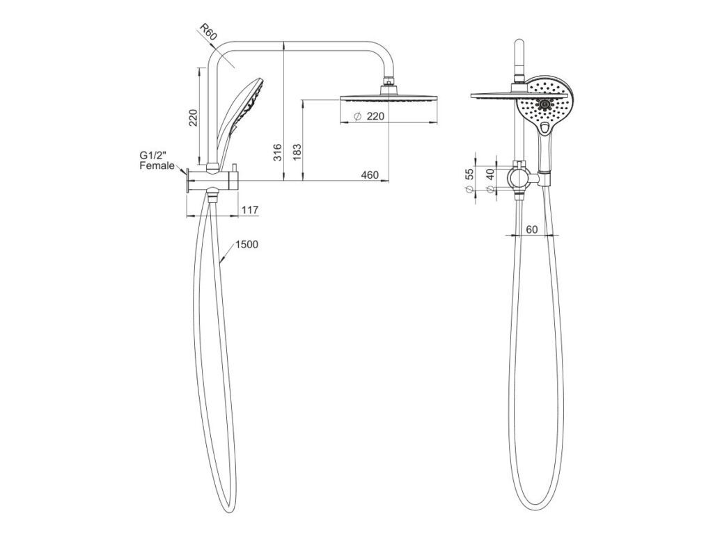 Dimensioned technical drawing of the Posh Domaine short twin shower