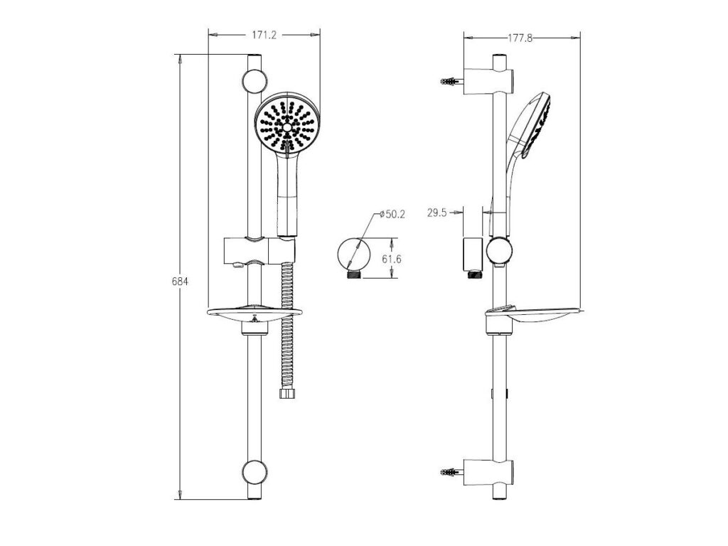 Dimensioned technical drawing of the Posh Solus MK3 rail shower