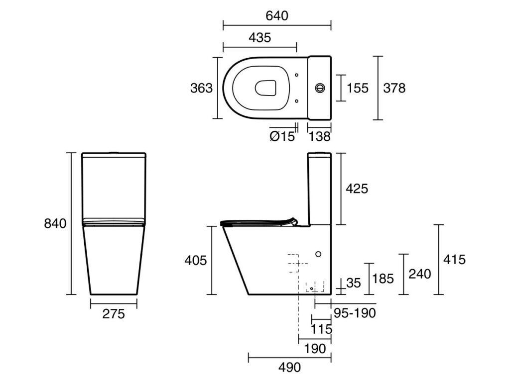 Dimensioned technical drawing of the Posh Solus rimless toilet suite