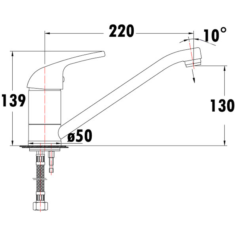 Dimensioned technical drawing of the Ruby II swivel sink mixer