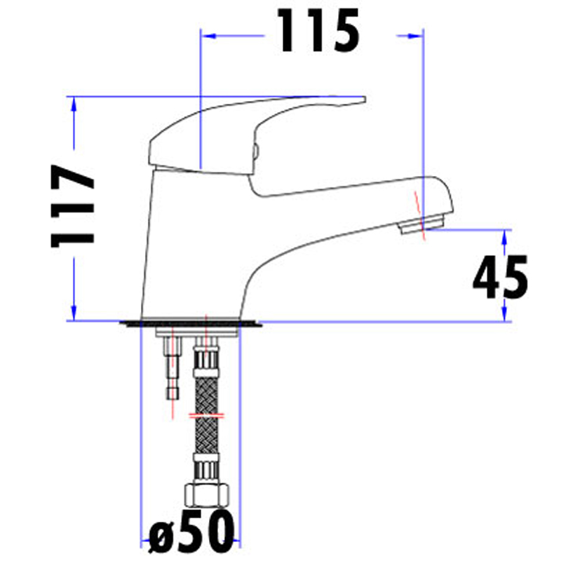 Dimensioned technical drawing of the Ruby basin mixer
