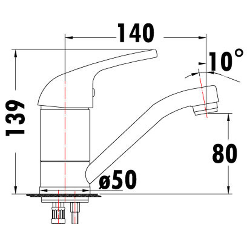Dimensioned technical drawing of the Ruby II swivel basin mixer