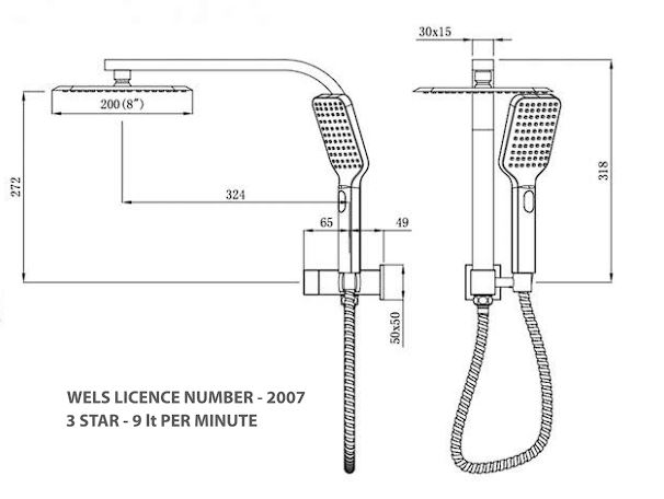 Dimensioned technical drawing of the TTSS square twin shower